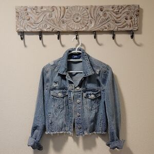 Cropped Blue Denim Jean Jacket with Distressed Hem